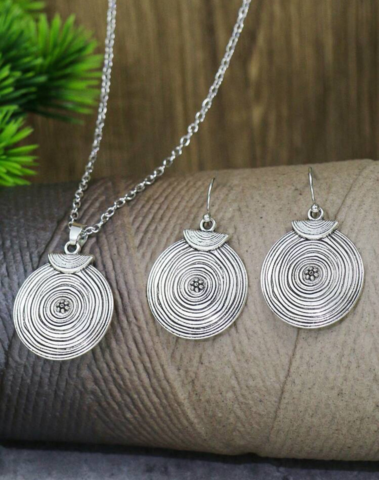 3pcs Vintage Silver-toned Geometric Jewelry Set  Earrings & Necklace Boho Style