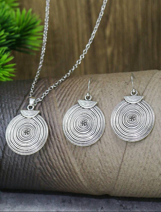 3pcs Vintage Silver-toned Geometric Jewelry Set  Earrings & Necklace Boho Style